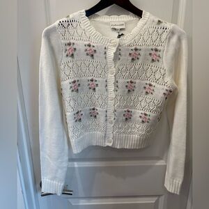 NWT Freshman 1996 white Floral Pointelle Knit Cardigan Sweater - L